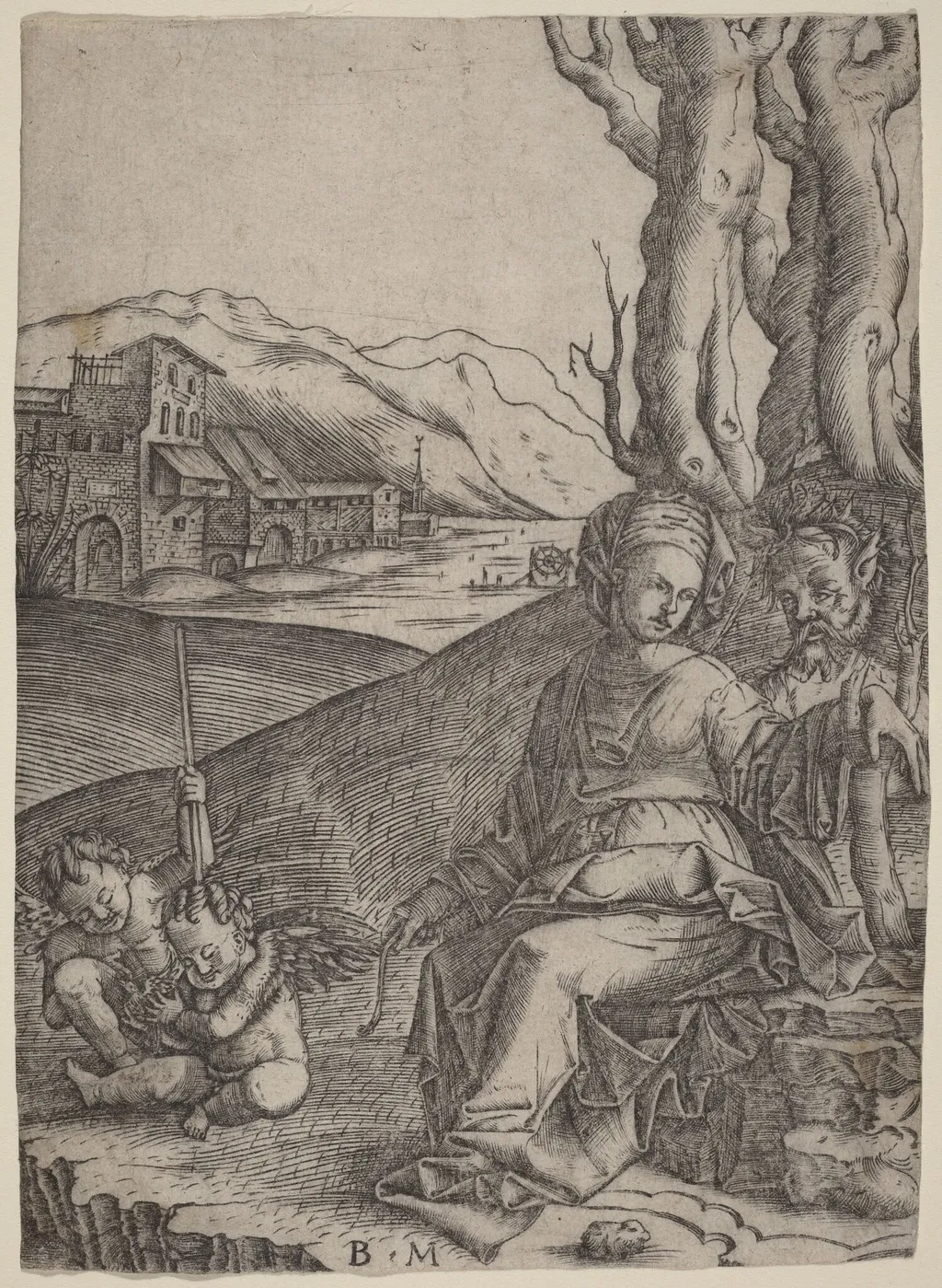 Woman and Satyr with Two Cupids, by Benedetto Montagna, ink, 1509