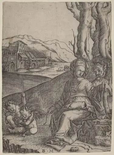 Woman and Satyr with Two Cupids, by Benedetto Montagna