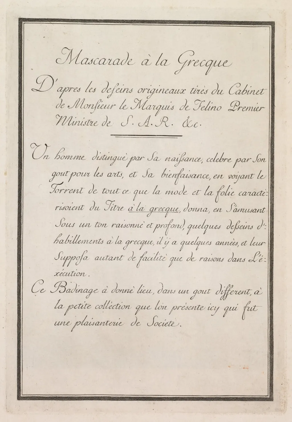 Mascarade à la Grecque: Title Page, Plate 1, by Benigno Bossi, 1771