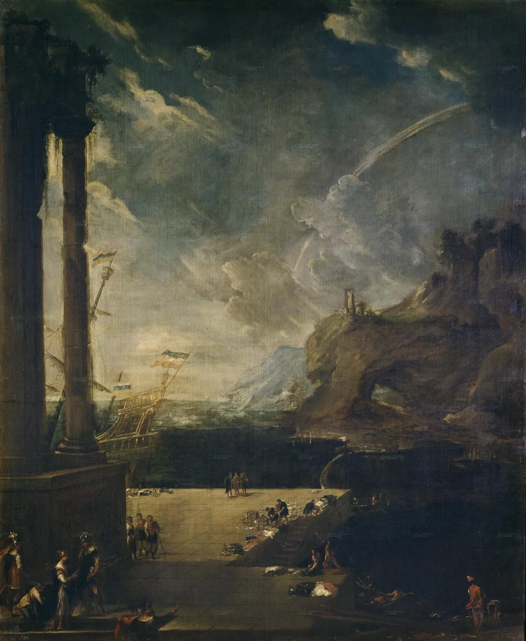Paisaje con la salida de Eneas de Cartago, by Benito Manuel Agüero, oil, 1651
