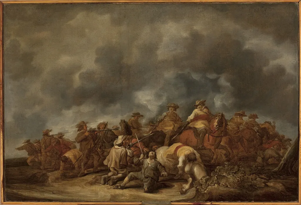 Skirmish of cavalry and infantry, by Benjamin Gerritsz Cuyp, oil, 1642