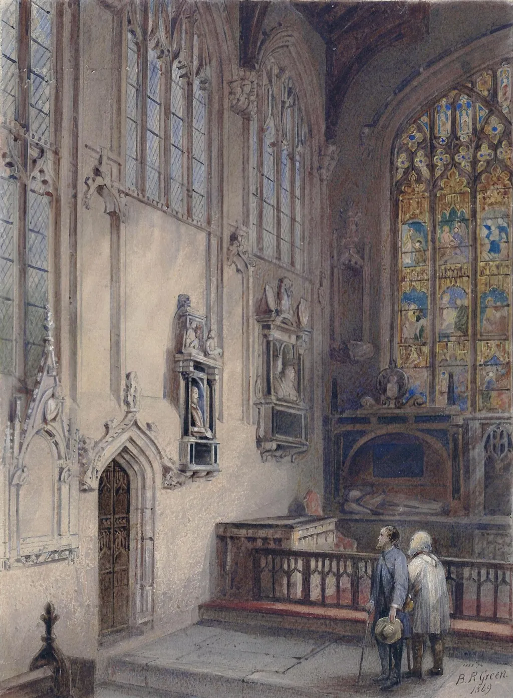 Interior of Stratford-on-Avon church, showing Shakespeare's Monument, by Benjamin Green, watercolor