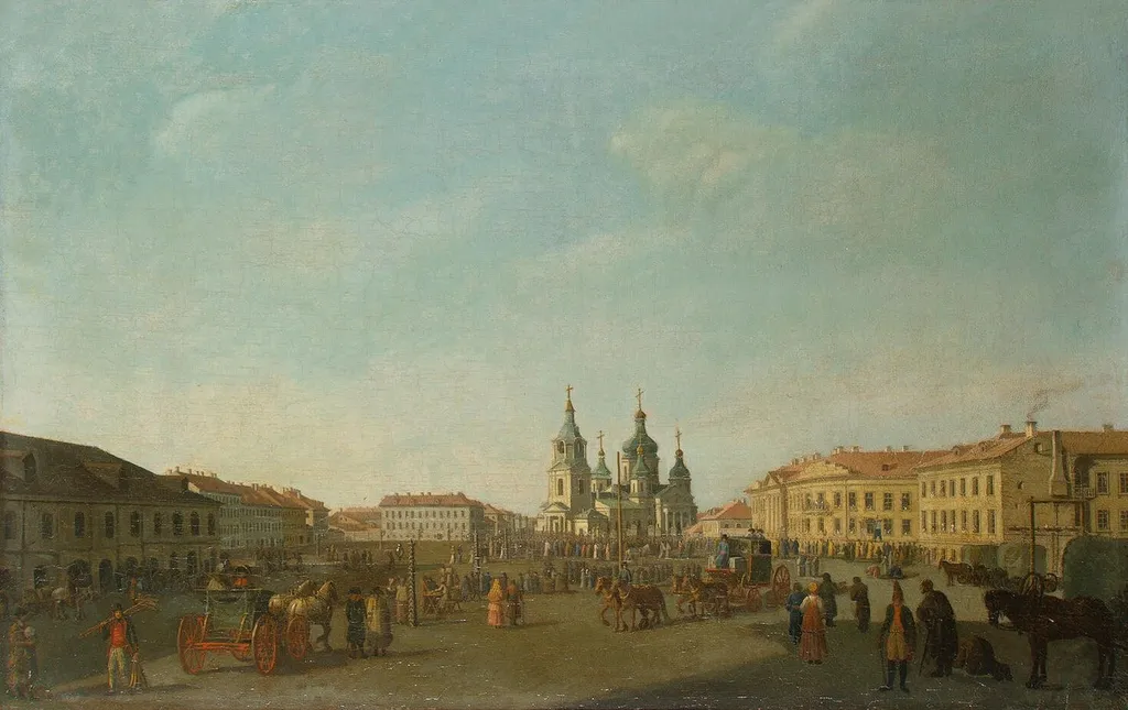 View of Sennaya Square in St Petersburg, by Benjamin Patersen, oil, 1800