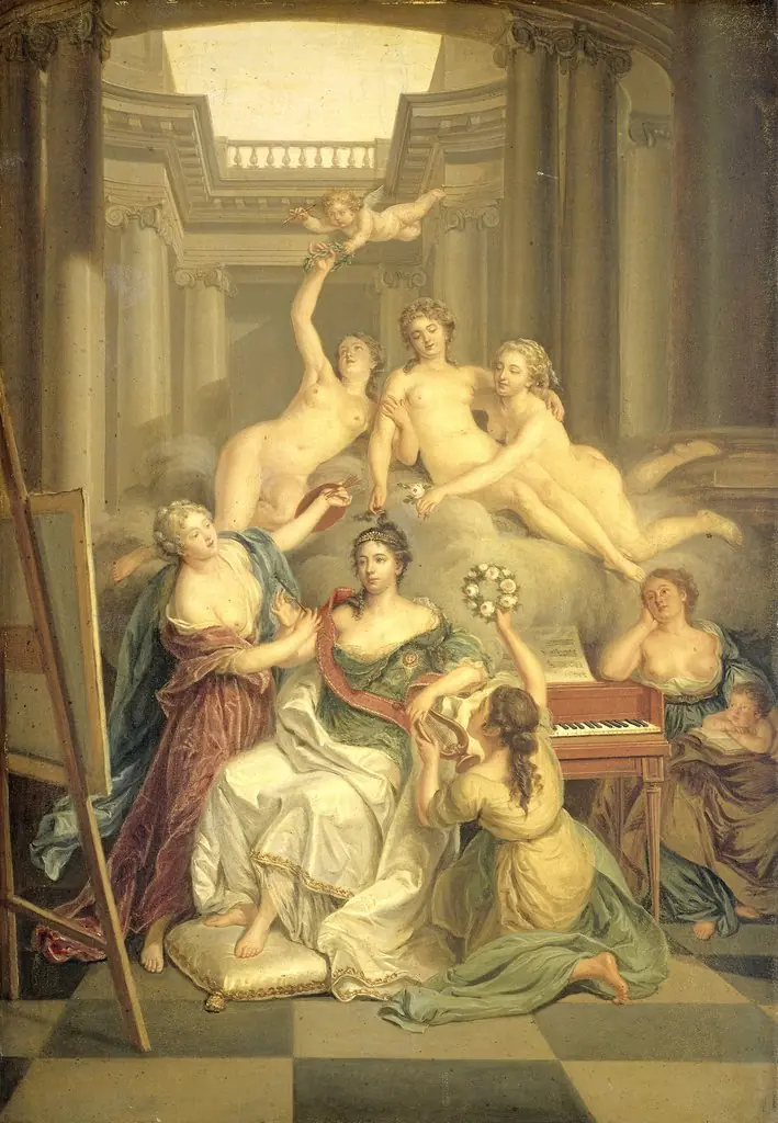 Frederika Sophia Wilhelmina of Prussia (1751-1820). Wife of Prince Willem V, in the Temple of the Arts, by Benjamin Samuel Bolomey