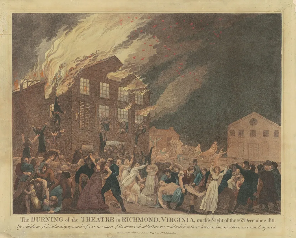 The Burning of the Theatre in Richmond, Virginia, by Benjamin Tanner, ink, 1812
