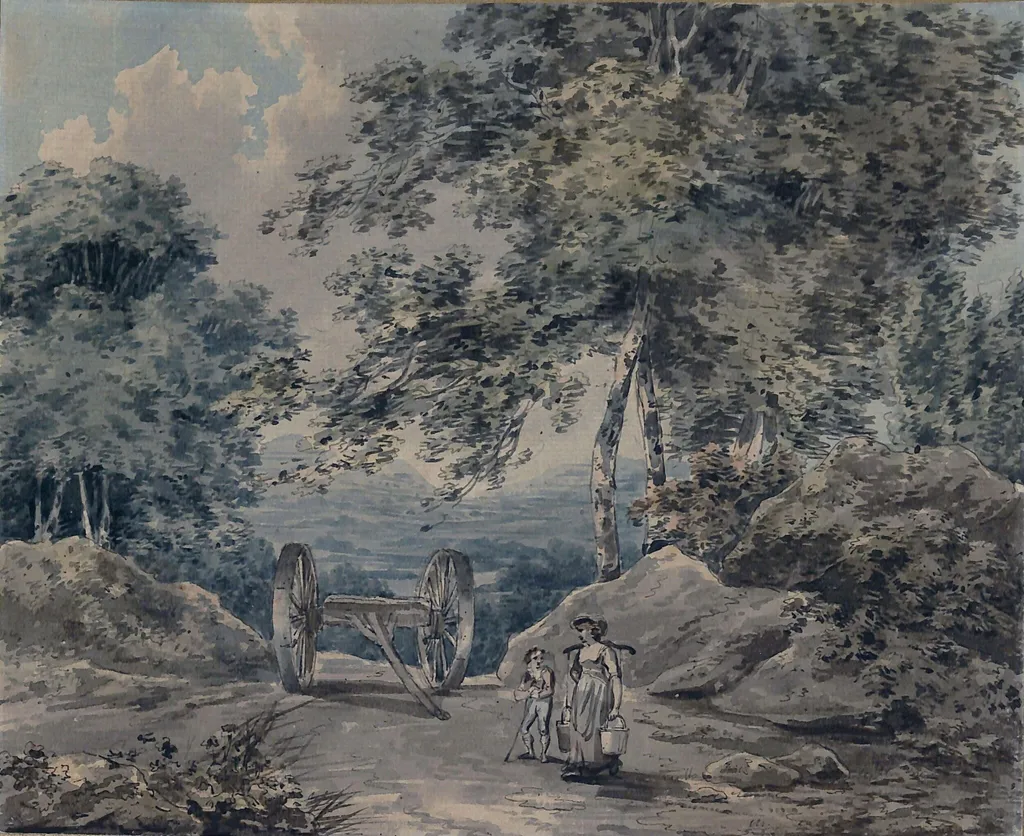 Landscape with timber wagon and figures, by Benjamin Thomas Pouncy, watercolor, 1760