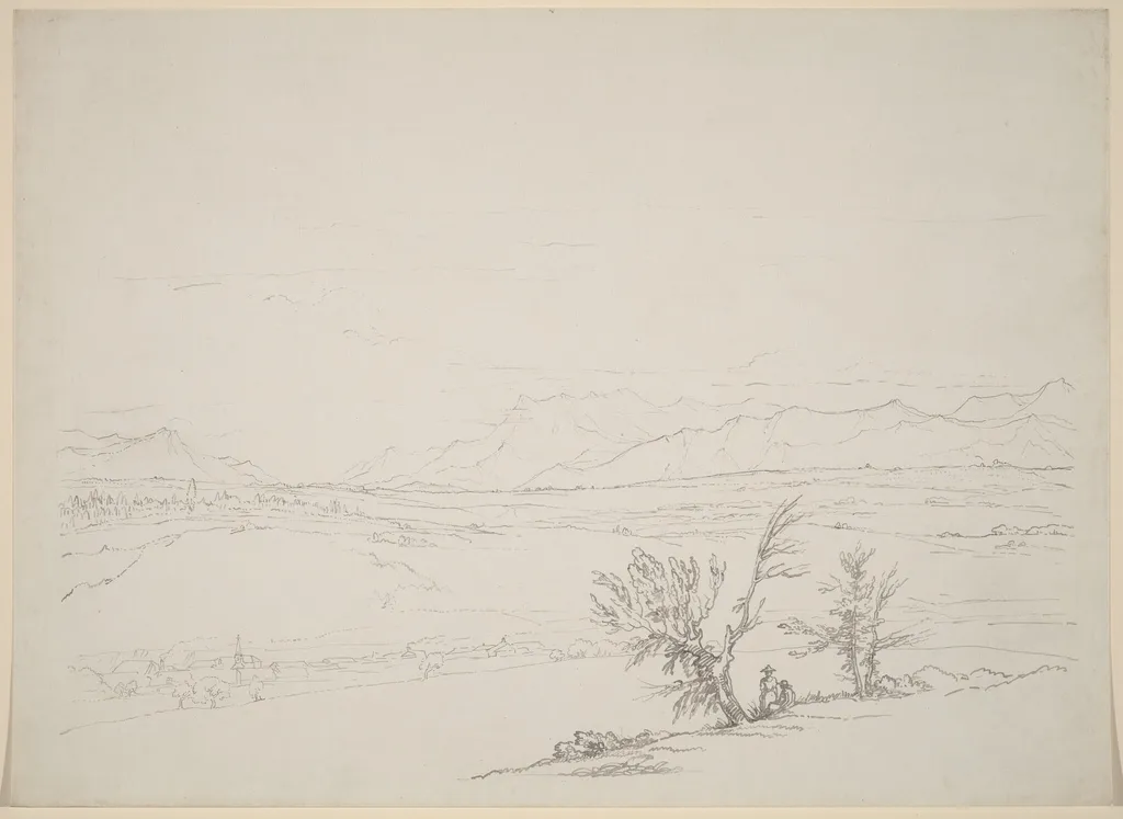 An Alpine Landscape with a Couple Seated by Trees Overlooking a Valley, by Benjamin West, ink, 1762