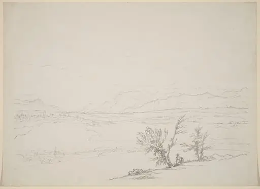 An Alpine Landscape with a Couple Seated by Trees Overlooking a Valley, by Benjamin West