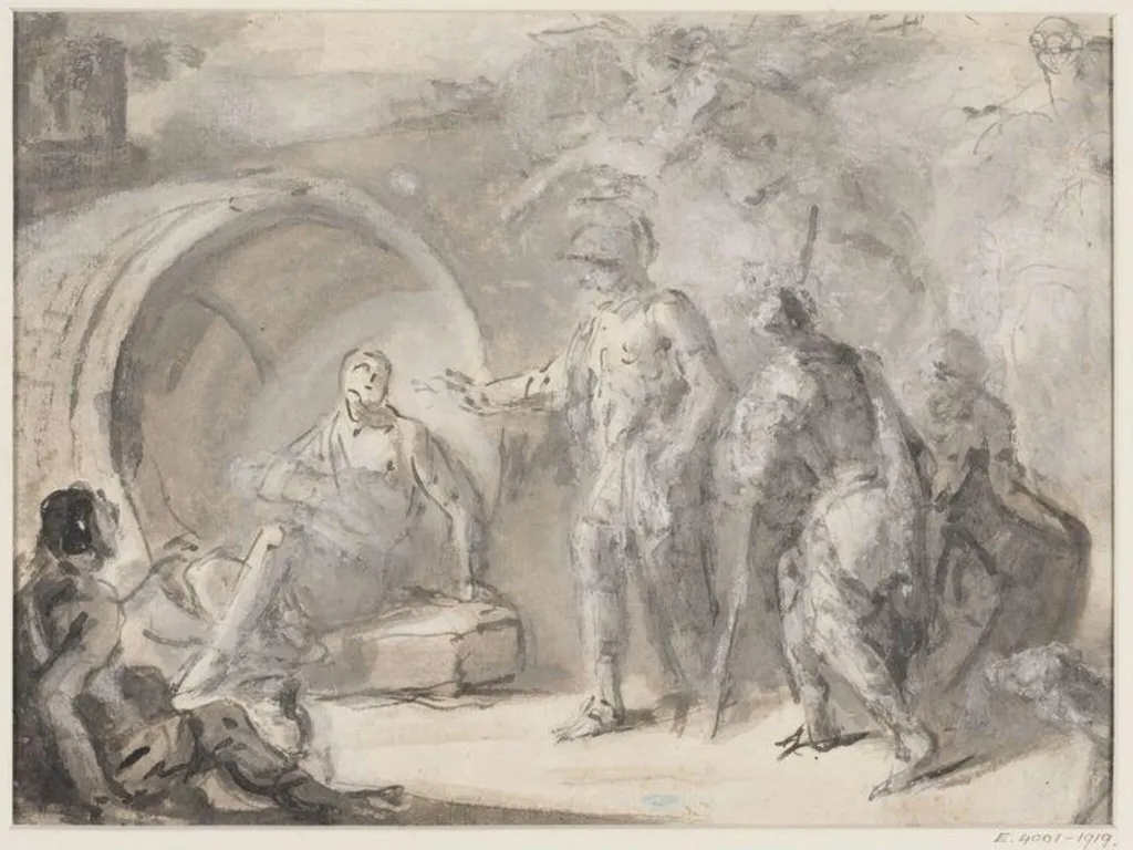 Diogenese visited by Alexander the Great, by Benjamin West, 1738