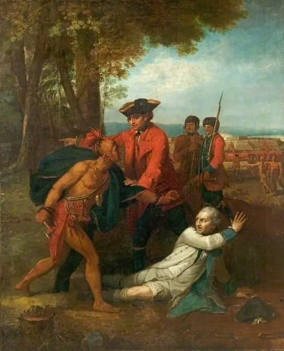 General Johnson Saving a Wounded French Officer from a North American Indian, by Benjamin West