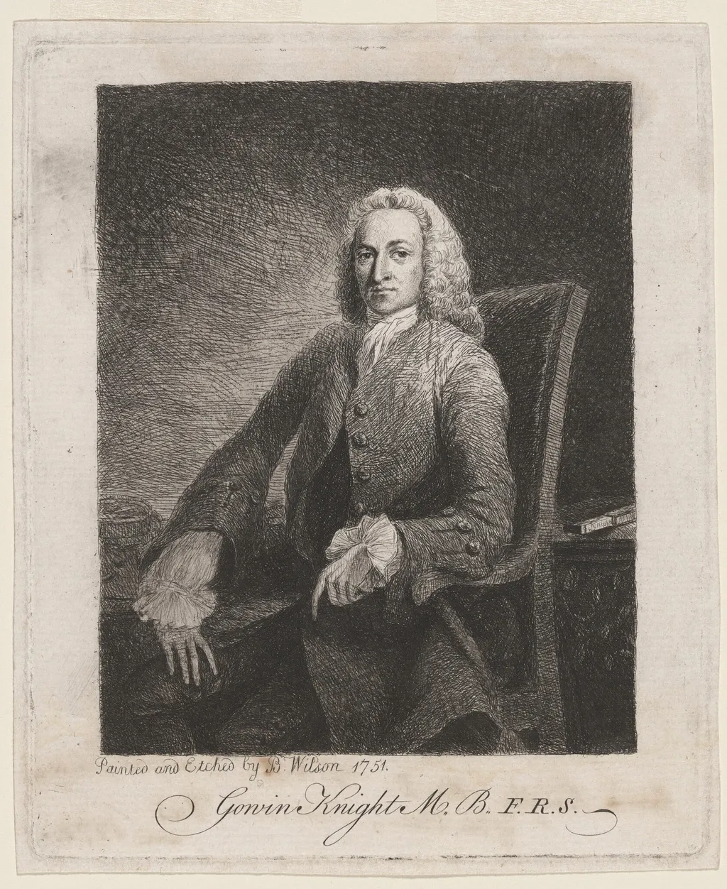 Gowin Knight, M.B., F.R.S., by Benjamin Wilson, ink, 1751