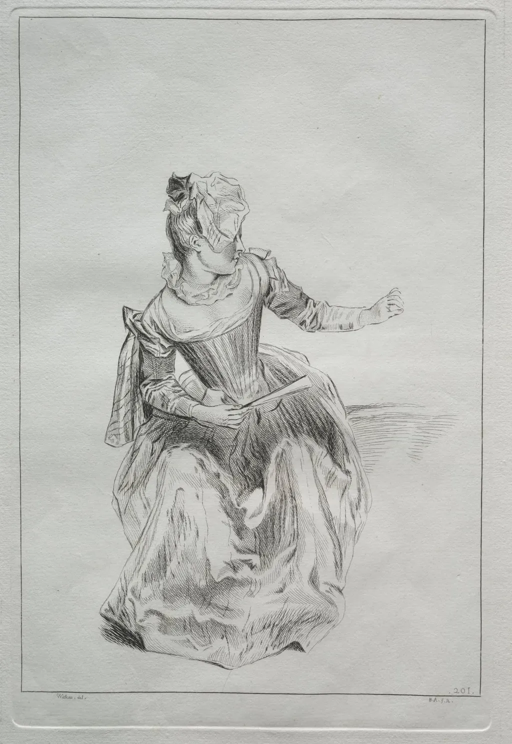 Woman Holding a Fan, by Benoit II Audran, 1704
