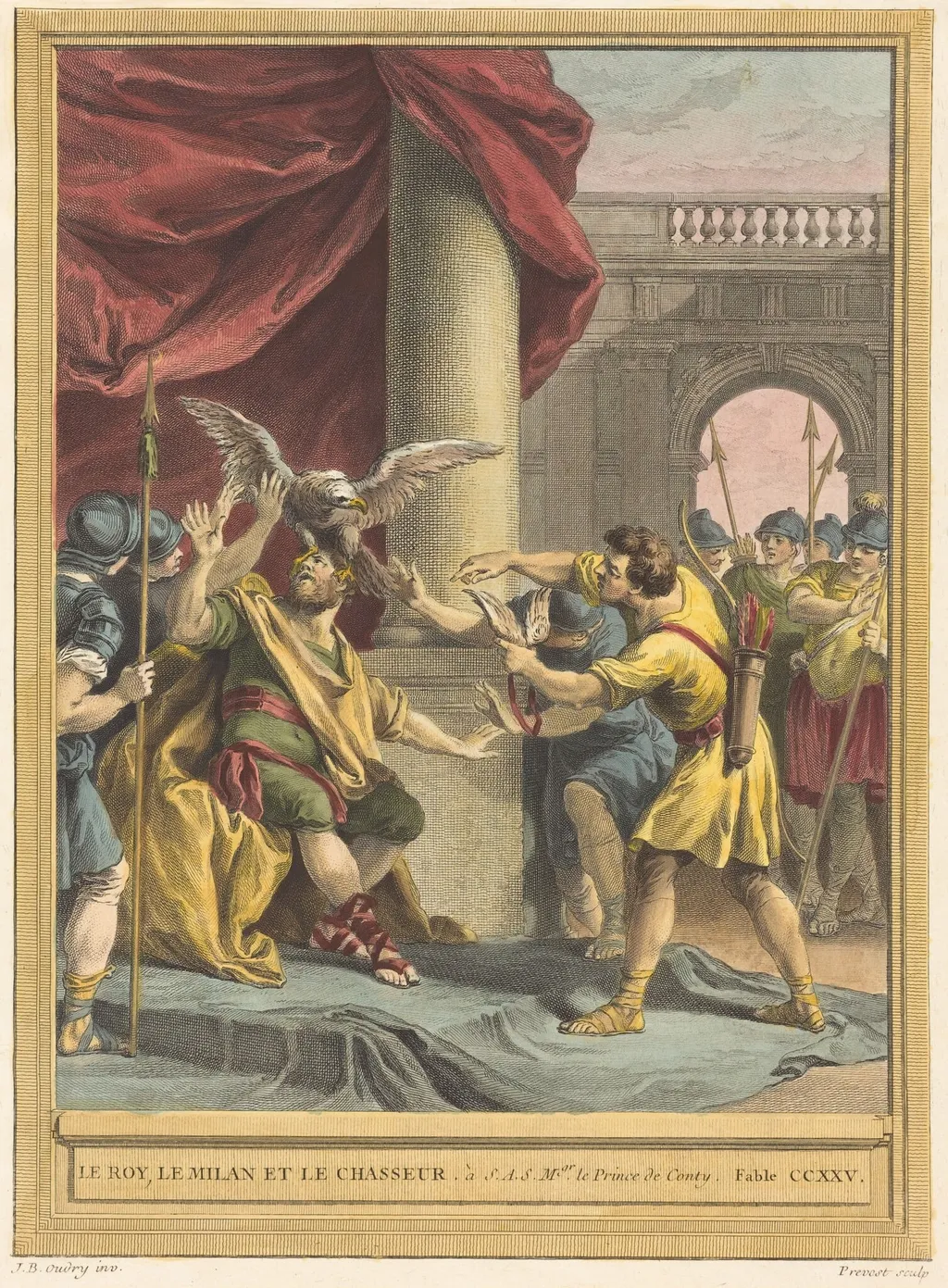 Le roi, le milan, et le chasseur (The King, the Kite, and the Hunter), by Benoît-Louis Prévost, ink, 1759