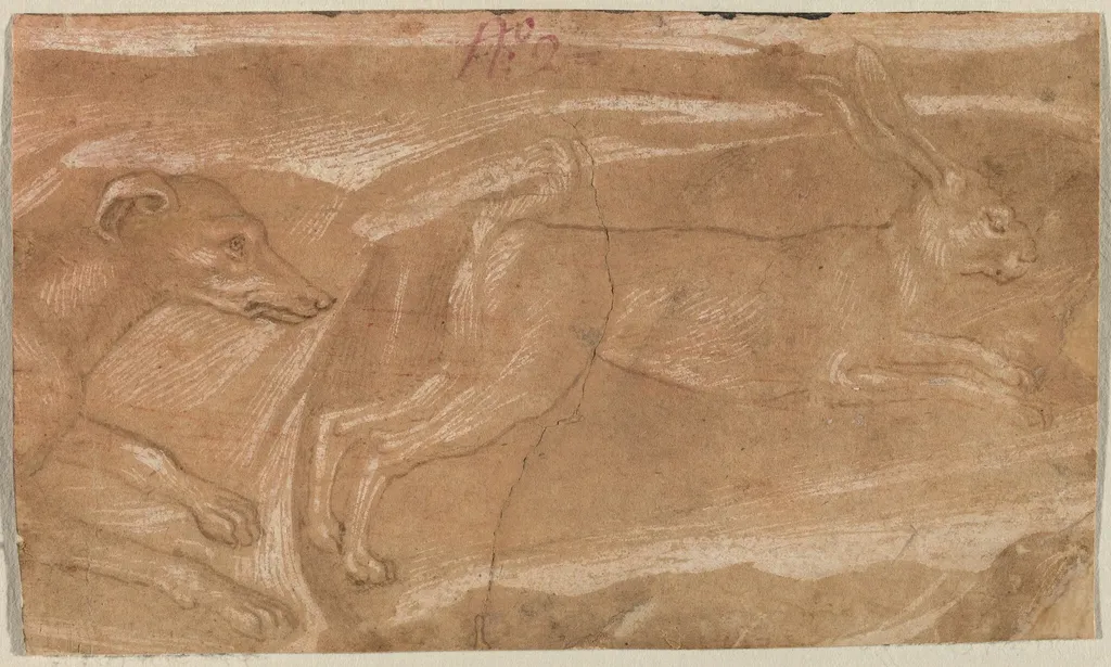 A Hound Chasing a Hare, by Benozzo Gozzoli, ink, 1458