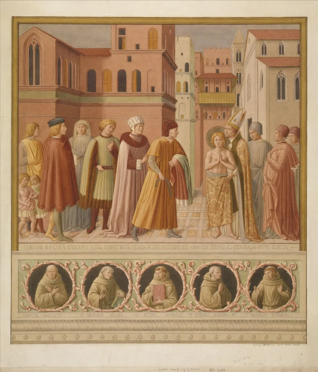 Copy after the cycle of the <i>Life of St Francis</i> (<i>Renunciation of Worldly Goods</i>), Benozzo Gozzoli in San Francesco, Montefalco, by Benozzo Gozzoli, watercolor