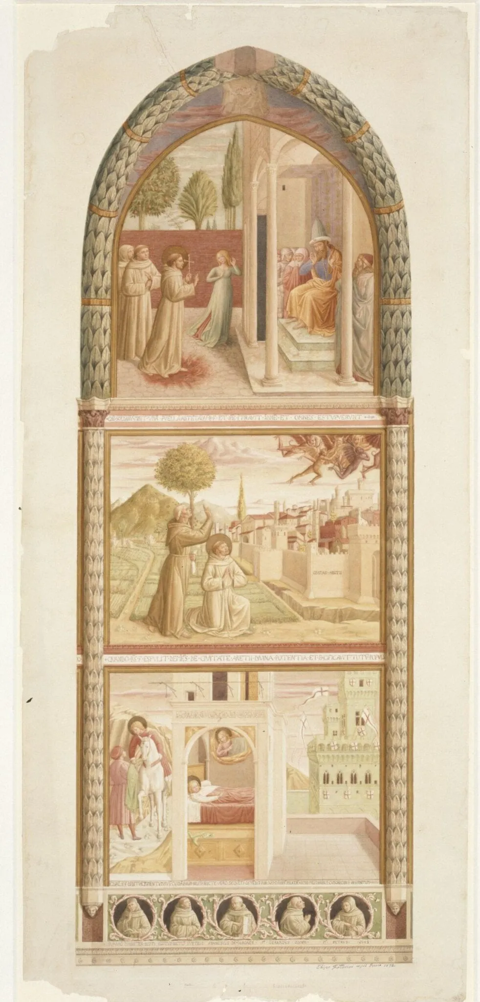 Copy after the cycle of the <i>Life of St Francis</i> (north wall section), Benozzo Gozzoli in San Francesco, apsidal chapel, Montefalco, by Benozzo Gozzoli, watercolor