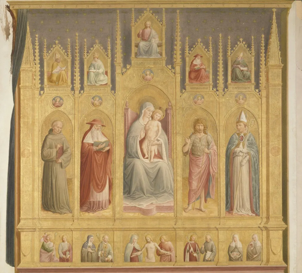 Copy after the fresco of the mock polyptych <i>Virgin and Child with Saints</i>, Benozzo Gozzoli in San Francesco, San Girolamo chapel, Montefalco, by Benozzo Gozzoli, watercolor