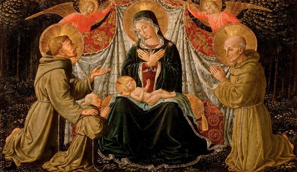 Madonna and Child with St Francis and the donor Father Jacopo da Montefalco (left) and St Bernard of Siena (right), by Benozzo Gozzoli, tempera, 1452