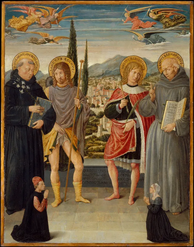 Saints Nicholas of Tolentino, Roch, Sebastian, and Bernardino of Siena, with Kneeling Donors — Benozzo Gozzoli