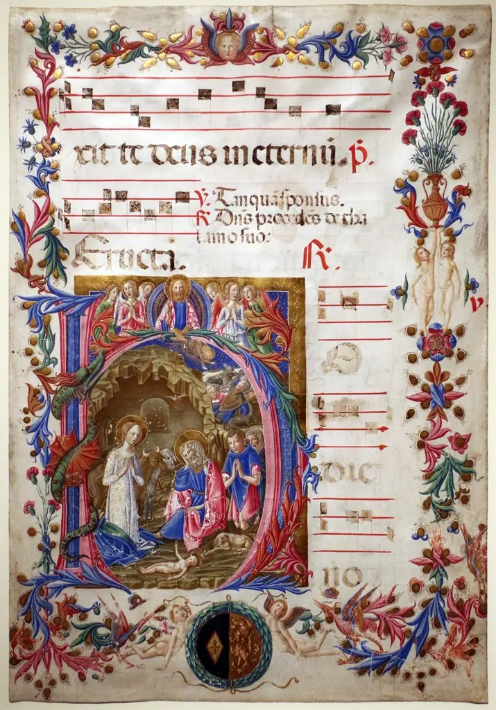 pagina di antifonario con iniziale H e la natività, by Benvenuto di Giovanni