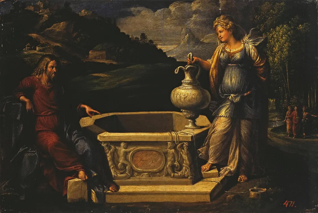 Christ and the Samaritan Woman, by Benvenuto Tisi, oil, 1500
