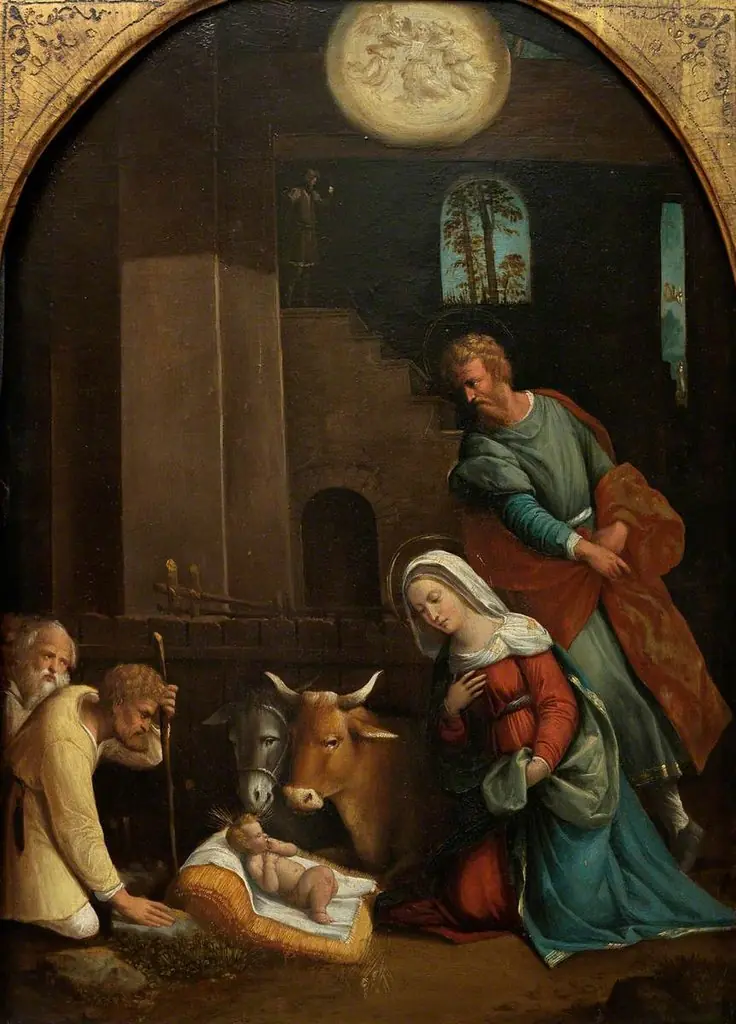 The Adoration of the Shepherd, with the Annunciation to the Shepherds beyond, by Benvenuto Tisi