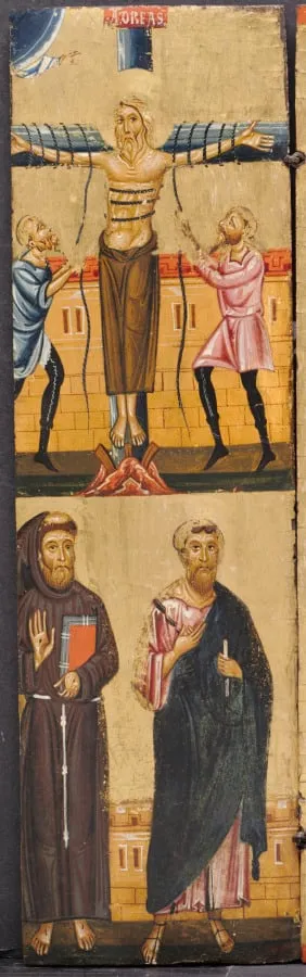 The Crucifixion of St. Andrew, with St. Francis and St. Paul below, by Berlinghiero Berlinghieri, unspecified, 1234