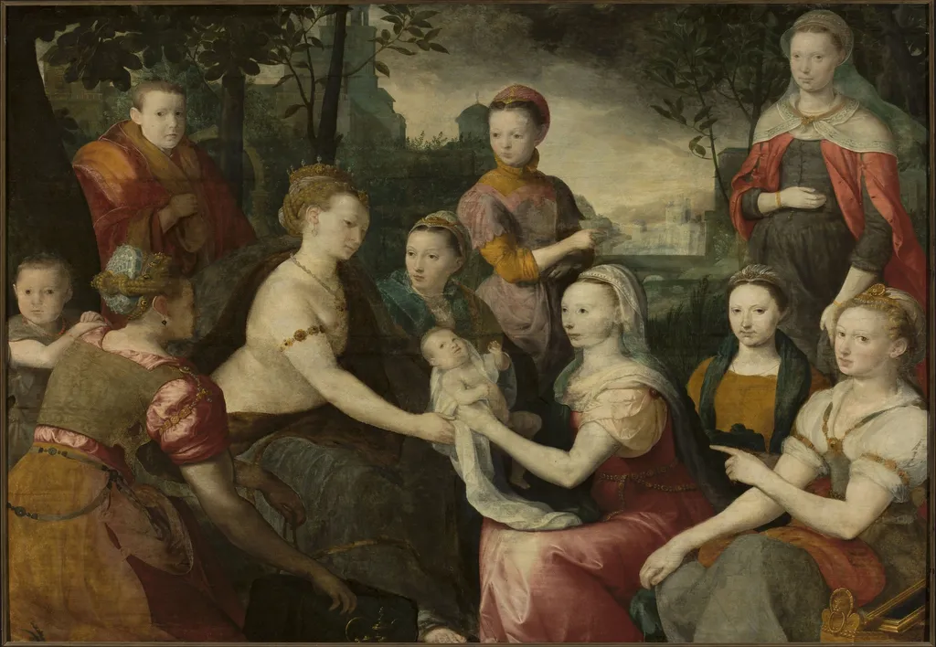 Finding of Moses – Allegorical family portrait, by Bernaert de Rijckere, oil, 1562