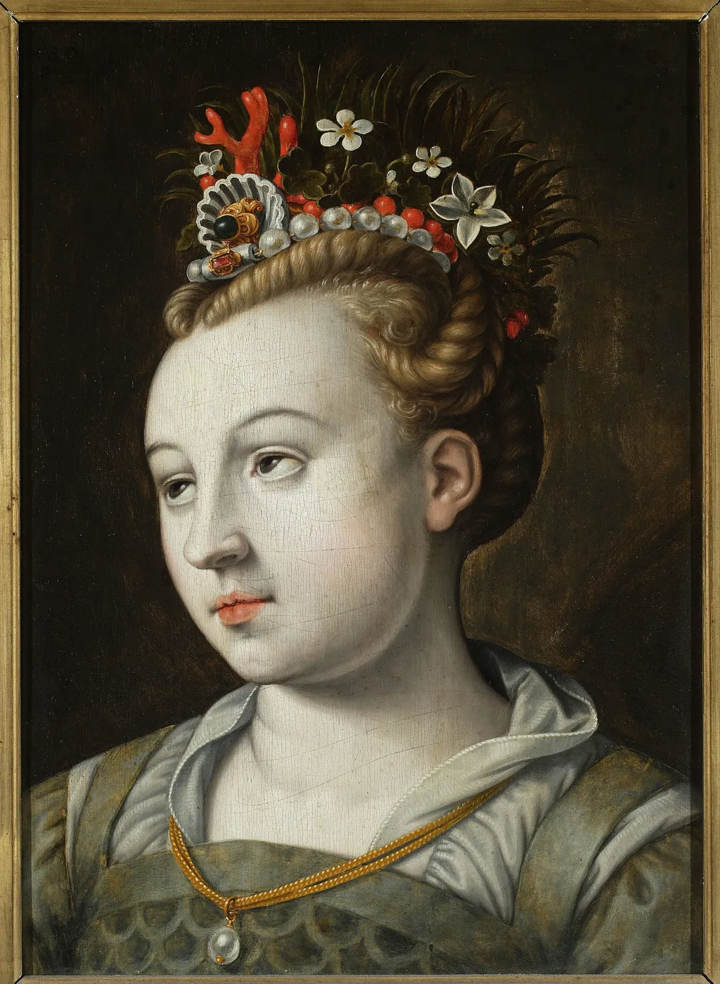 Head of a woman with eyes looking up, by Bernaert de Rijckere, oil, 1590