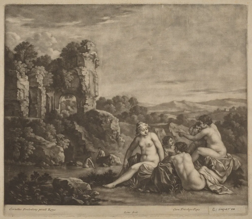 Bathers in a Landscape, by Bernard Lens, ink, 1692