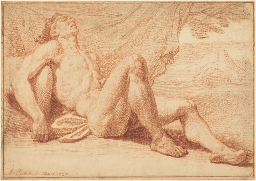 A Reclining Male Nude, by Bernard Picart, chalk, 1723