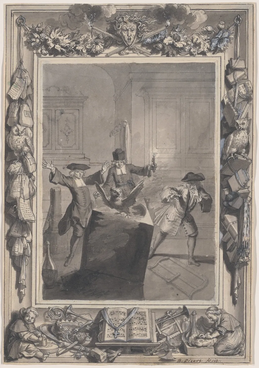 Le Lutrin: A Night Scene with Boirude, Brontin, and L'Amour Surprised by an Owl Flying Out of a Lectern, by Bernard Picart, ink, 1718