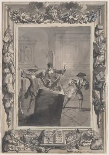 Le Lutrin: A  Night Scene with Boirude, Brontin, and L'Amour Surprised by an Owl Flying Out of a Lectern, by Bernard Picart