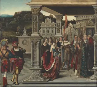 Linkerluik van het retabel van de broederschap van het Heilig Kruis te Veurne. Voorzijde : De heilige Helena voor de paus in Rome. Keerzijde : Christus valt onder het kruis, by Bernard Van Orley, 1517