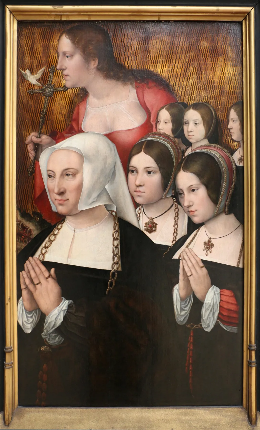 Portrait of Marguerite Numan, wife of Philippe Haneton, with her five daughters and Saint Margaret, by Bernard Van Orley, oil, 1521