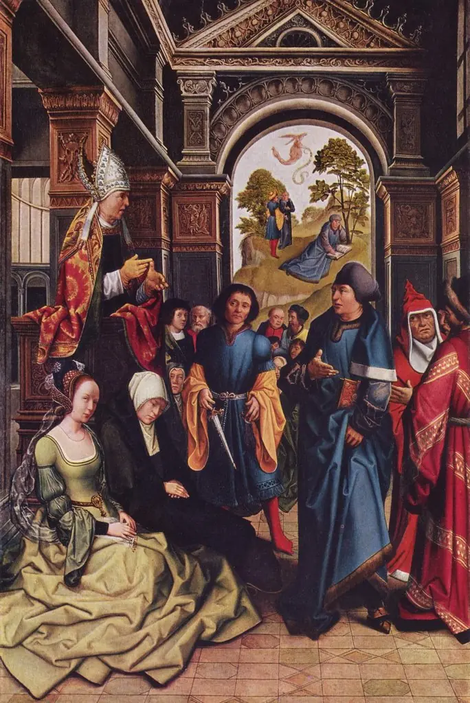 Sermon of St. Ambrose Outside: Two standing holy bishops, by Bernard Van Orley
