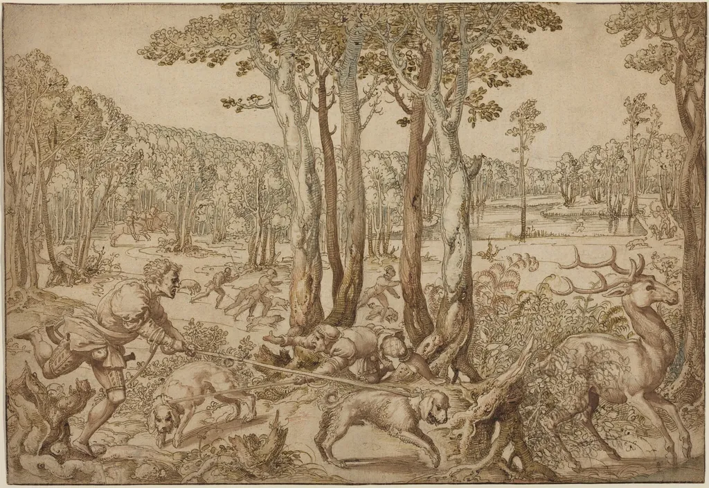 The Hunts of Maximilian: The Stag Hunt (August), by Bernard Van Orley, ink, 1529