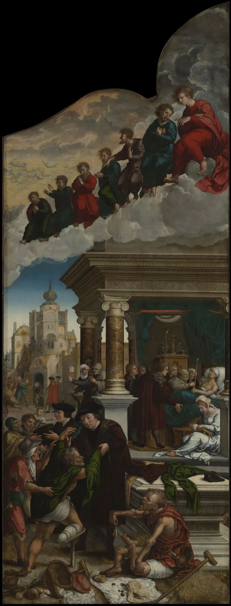 Three Acts of Mercy: Clothing the Naked, Liberating the Imprisoned and Feeding the Hungry, by Bernard Van Orley, oil, 1521