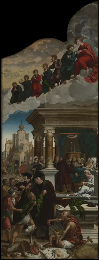 Three Acts of Mercy: Clothing the Naked, Liberating the Imprisoned and Feeding the Hungry, by Bernard Van Orley, 1521
