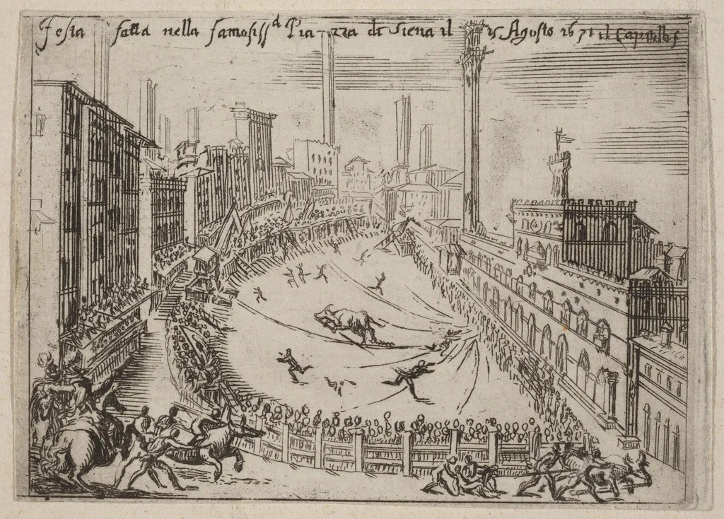 The Piazza, Siena, by Bernardino Capitelli, ink, 1631