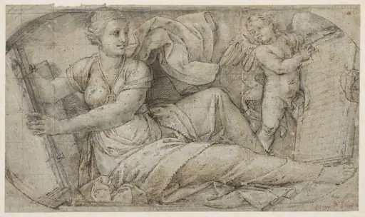 Reclining sibyl holding a book, with a winged putto supporting an inscribed tablet, by Bernardino Gatti