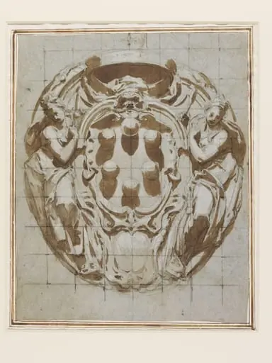 An elaborate cartouche with the Medici Arms flanked by Justice and Prudence, by Bernardino Poccetti