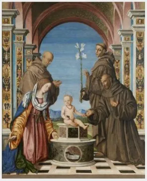 Virgin and Saints Adoring the Christ Child, by Bernardino Zaganelli, oil, 1509