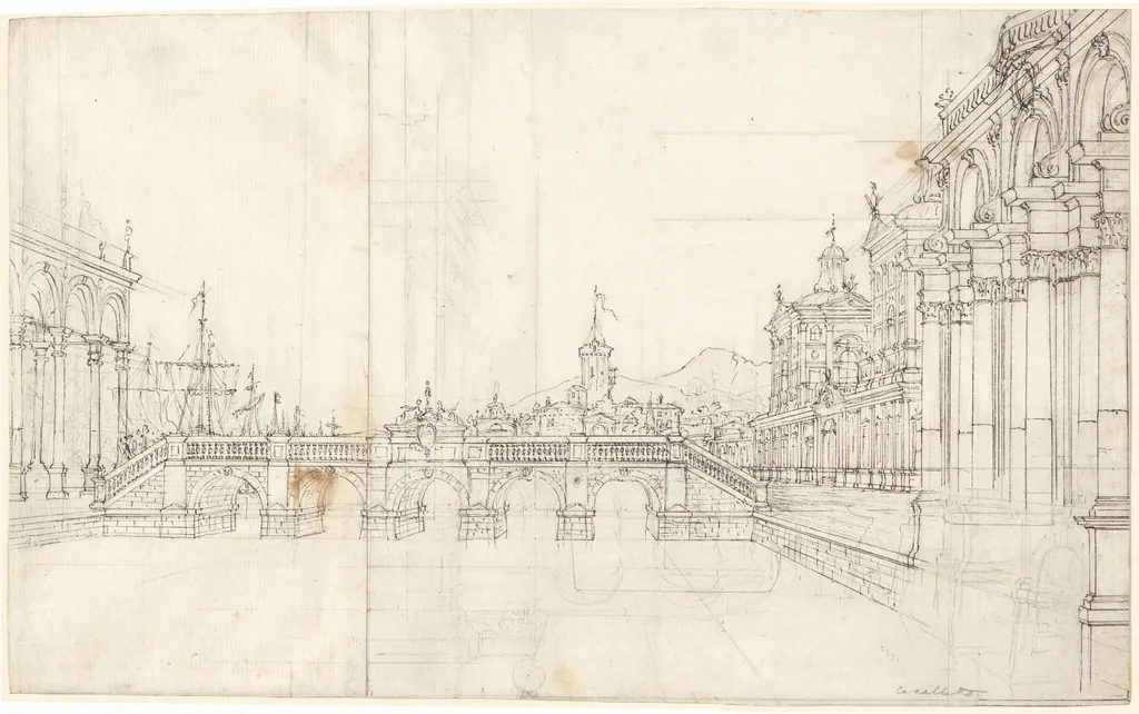A Capriccio of Palaces and a Loggia Facing a Classical Bridge, by Bernardo Bellotto, ink