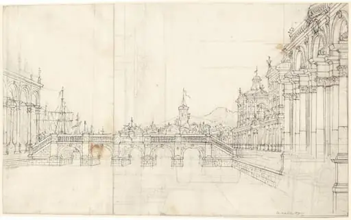 A Capriccio of Palaces and a Loggia Facing a Classical Bridge, by Bernardo Bellotto