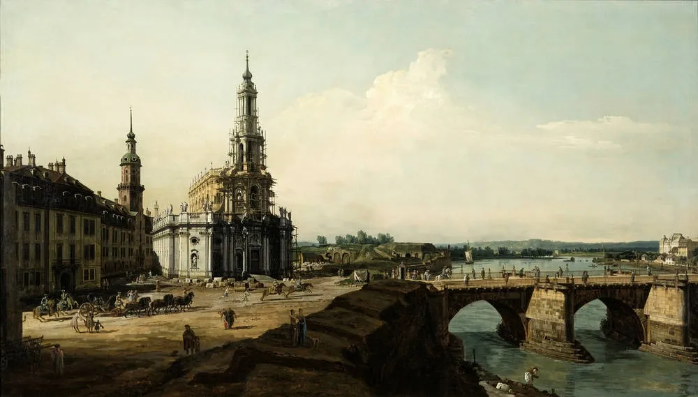 Dresden from the left Bank of the Elbe above the Bridgehead of the Old Town, by Bernardo Bellotto, oil, 1748