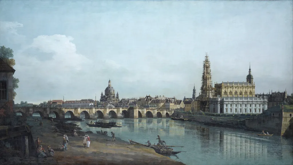 Dresden From the Right Bank of the Elbe Below the Augustus Bridge, by Bernardo Bellotto, oil, 1748