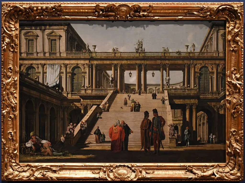 Veduta Ideale with Palace Staircase, by Bernardo Bellotto