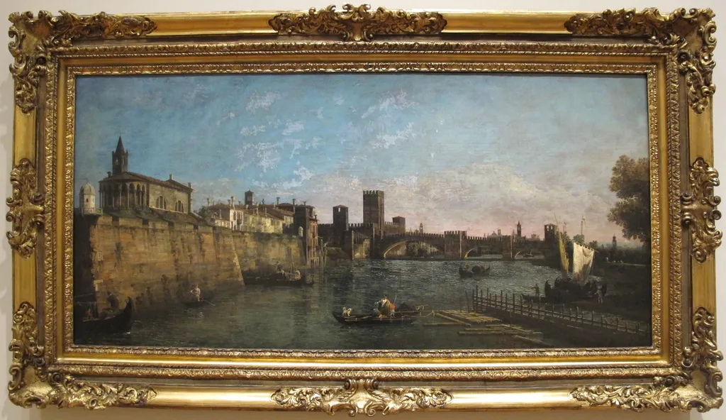 View of Verona with the Castelvecchio and Ponte Scaligero, by Bernardo Bellotto, oil, 1745