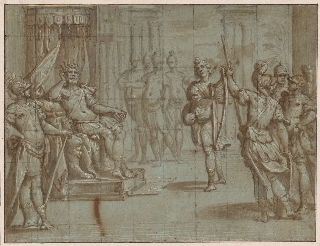 David Playing the Harp Before Saul, by Bernardo Castello, gouache, 1602
